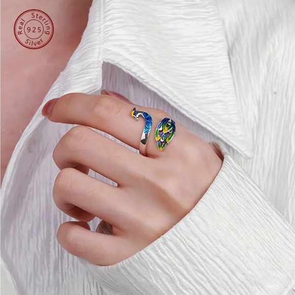 Sterling Silver Colorful Peacock Wrap Adjustable Ring - Picture 4 of 5